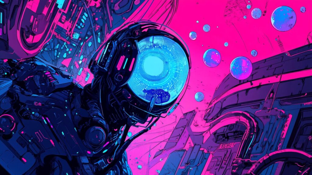 Digital illustration of vibrant tech space, electric blue and neon pink AI companions, bold colored blockchain visualizations, modern anime style, dynamic floating data bubbles, saturated color palette, geometric patterns with vivid gradients, bold line art, cyberpunk kawaii elements --ar 16:9 --style raw