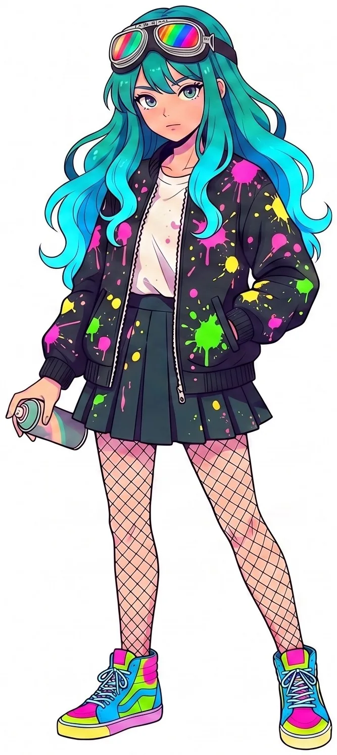 基準画像。高彩度のネオンパレットで塗られた少女のイラスト。鮮やかなシアンの髪と、蛍光ピンク・イエロー・グリーンのペイントが飛んだ黒のジャケット