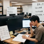 オフィスの作業席で、モニタに向かって目頭を押さえている人物。背景の棚には資料箱が並び、手前と奥のホワイトボードには worktree ごとのブランチ名が書かれている。右のホワイトボードには「書庫と作業机のたとえ」として、Git の世界＝リポジトリとブランチ、フォルダの世界＝worktree、アプリの設定＝プロジェクト、という3つの階層が図示されている。