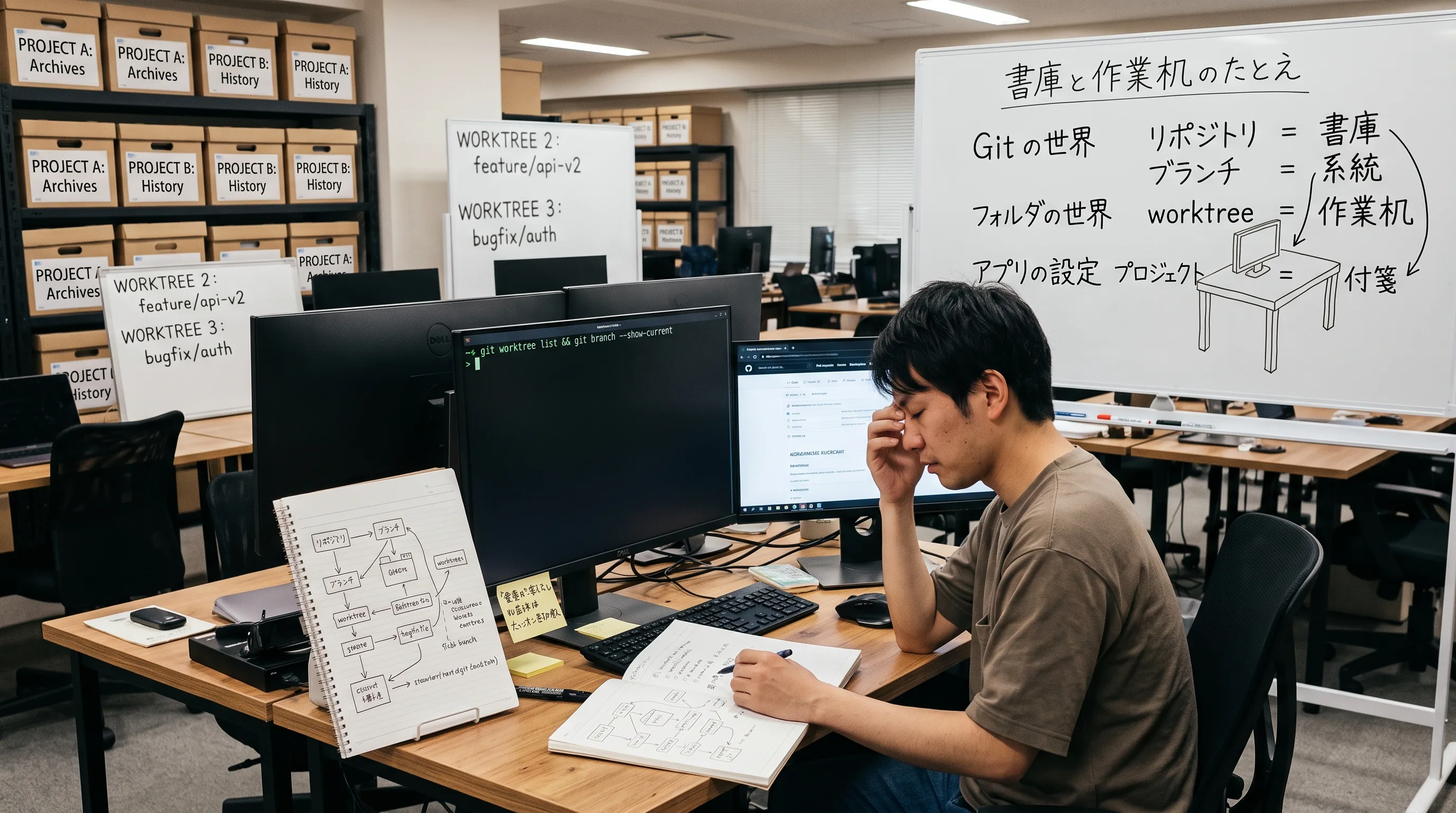 オフィスの作業席で、モニタに向かって目頭を押さえている人物。背景の棚には資料箱が並び、手前と奥のホワイトボードには worktree ごとのブランチ名が書かれている。右のホワイトボードには「書庫と作業机のたとえ」として、Git の世界＝リポジトリとブランチ、フォルダの世界＝worktree、アプリの設定＝プロジェクト、という3つの階層が図示されている。